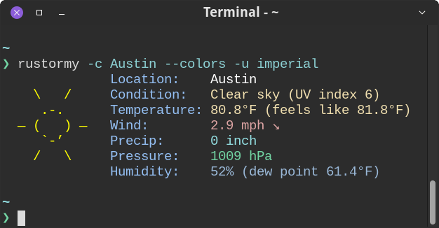 Imperial units: rustormy -c Austin --colors -u imperial
