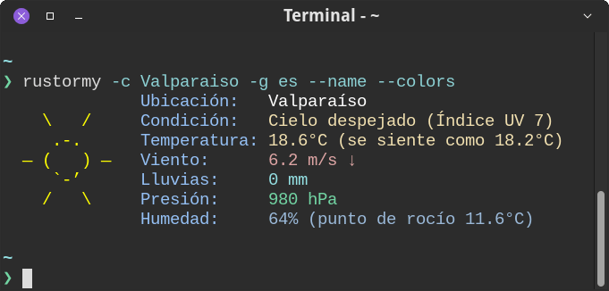Spanish translation: rustormy -c Valparaiso -g es --name --colors