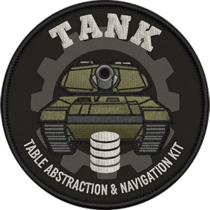 Tank: Table Abstraction & Navigation Kit logo featuring a green tank with a gear background and stacked database cylinders