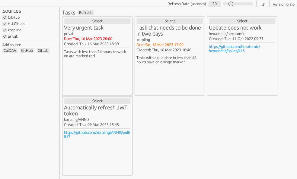 A screenshot of Task Picker with several example tasks shown