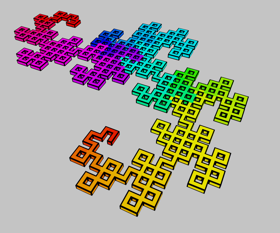 A dragon fractal, derivation length 8 with rainbow graident.