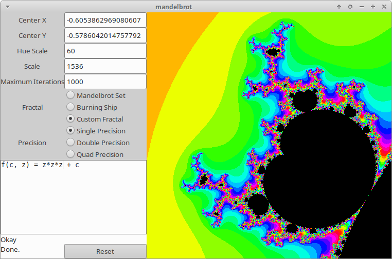 An example of the fractal viewer running with custom fractals enabled