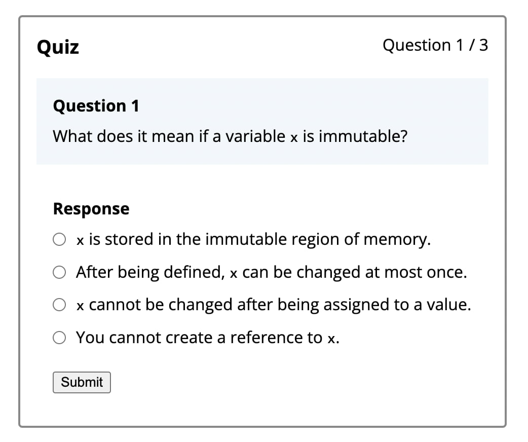Screenshot of mdbook-quiz embedded in a web page