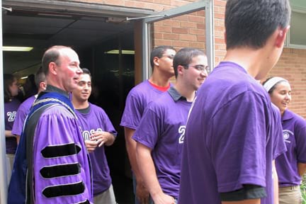 <b>2009 Move In Day </b><br /> Photo of Father Pilarz departing from the welcoming ceremony for freshmen during the 2009 Move In Day at The University of Scranton.