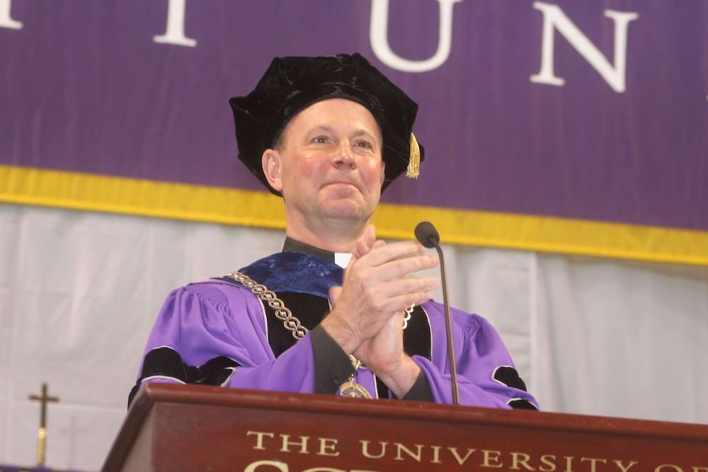 <b>2010 Commencement </b><br /> The late Rev. Scott Pilarz, former president of the University of Scranton, addresses the crowd at the 2010 commencement ceremony.