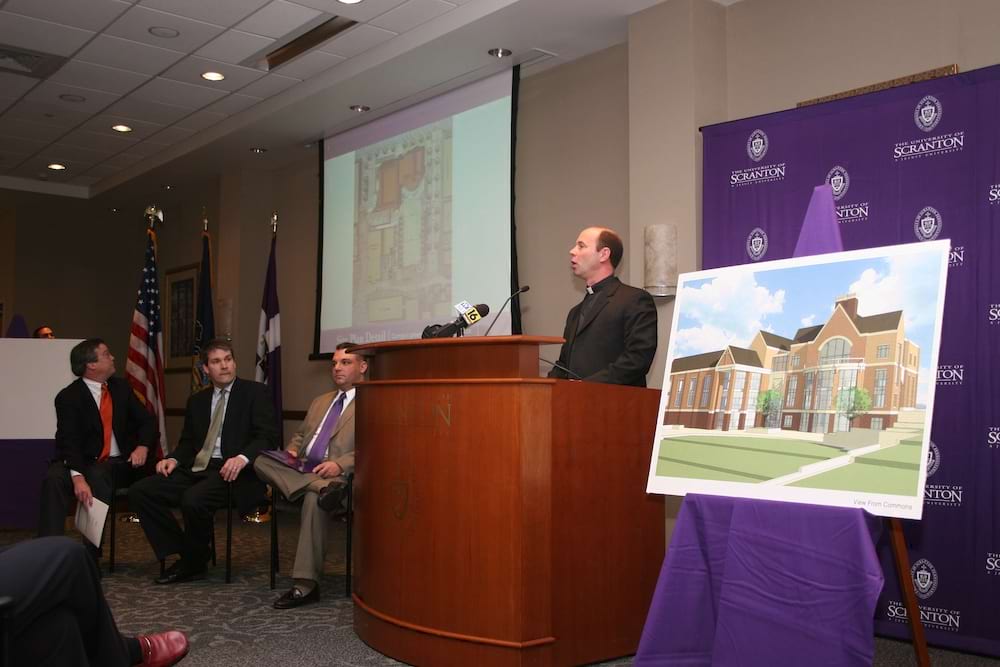 <b>Campus Center Announcement 2006 - 1</b><br /> The late Rev. Scott Pilarz, S.J., former president of The University of Scranton, speaks during the announcement of the construction of a new campus center in 2006.