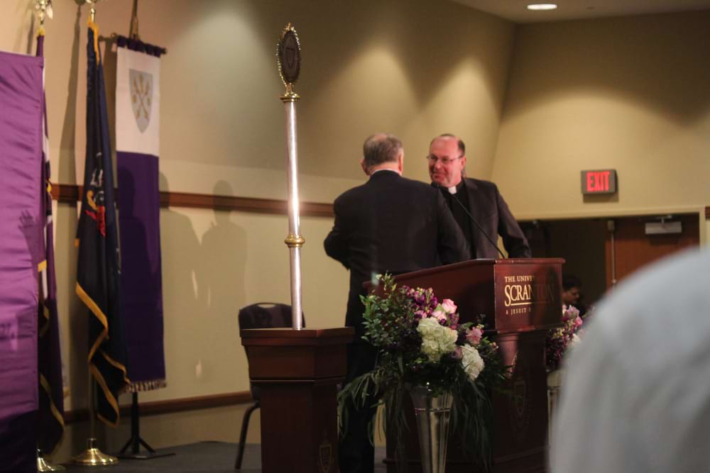 <b>Inauguration 2 - announcement </b><br /> Photo of the late Rev. Scott R. Pilarz, S.J., former president of The University of Scranton, at an event announcing his second term as president.