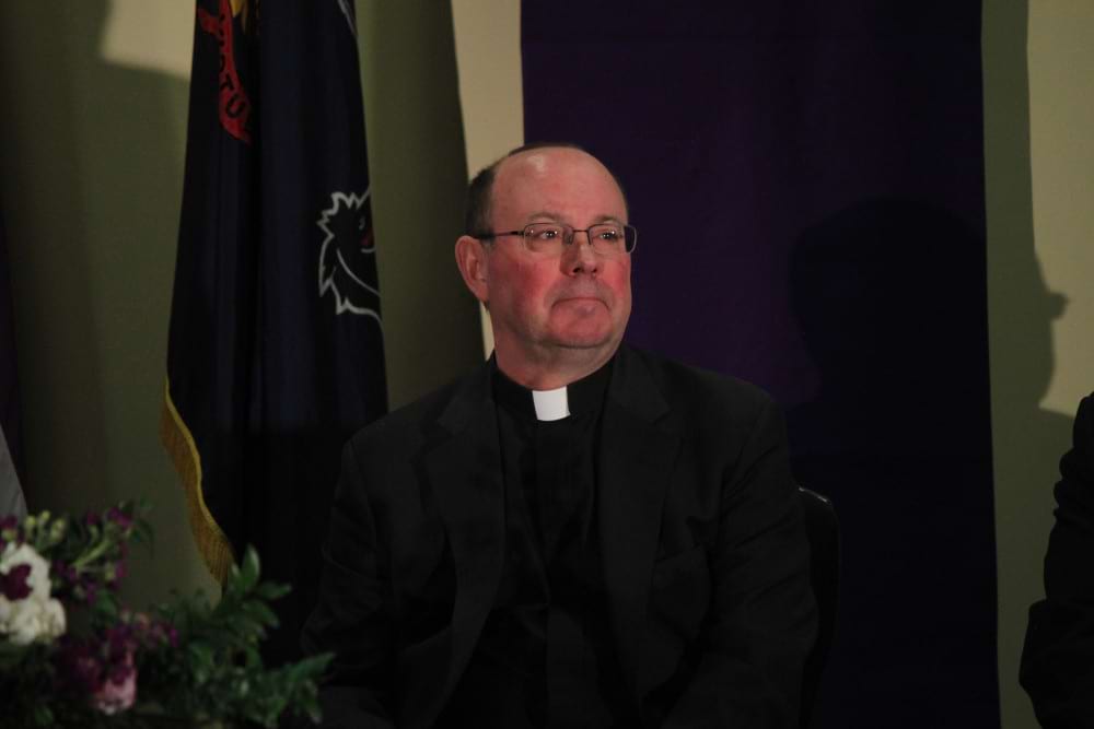 <b>Inauguration 2 - emotion -2</b><br /> Rev. Scott R. Pilarz, S.J., becomes emotional during the announcement of his second term as president of The University of Scranton.