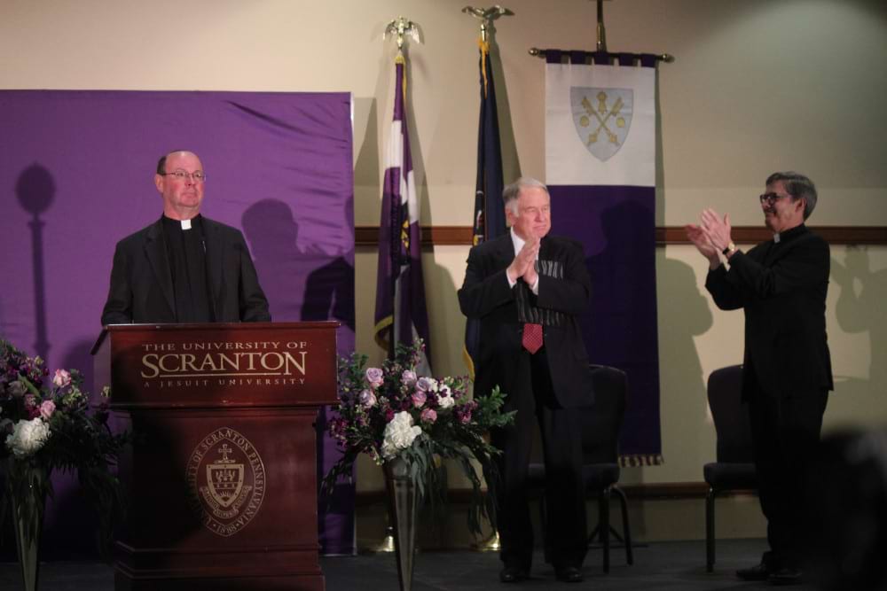 <b>Father Pilarz with Father Quinn </b><br /> Rev. Scott R. Pilarz, S.J., with Rev. Kevin Quinn, S.J., during announcement of Father Pilarz's second term as president of The University of Scranton.