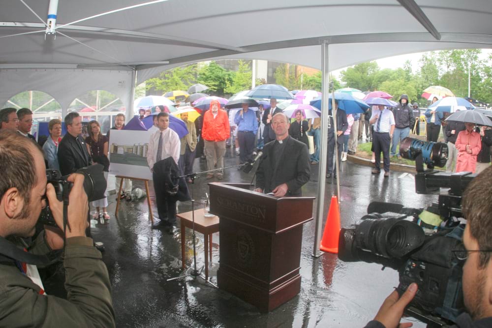 <b>Pilarz at LSC podium </b><br /> Rev. Scott R. Pilarz, S.J., the late president of the University of Scranton, addresses the crowd at the groundbreaking for the Loyola Science Center.