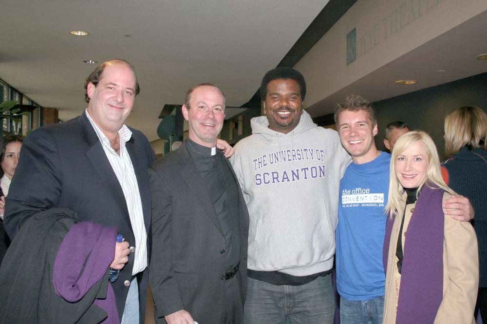 <b>Father Pilarz with "Office" cast members</b><br /> Rev. Scott Pilarz, S.J., the late president of The University of Scranton, meets members of "The Office" cast, during a convention about the television show at the school's campus.