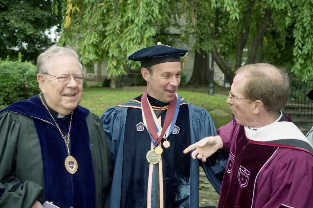 <b>Fathers Panuska, Pilarz and McShane</b><br /> Photo of Father Pilarz at his first inauguration as University of Scranton president, standing with former presidents, Father Panuska and Father McShane.