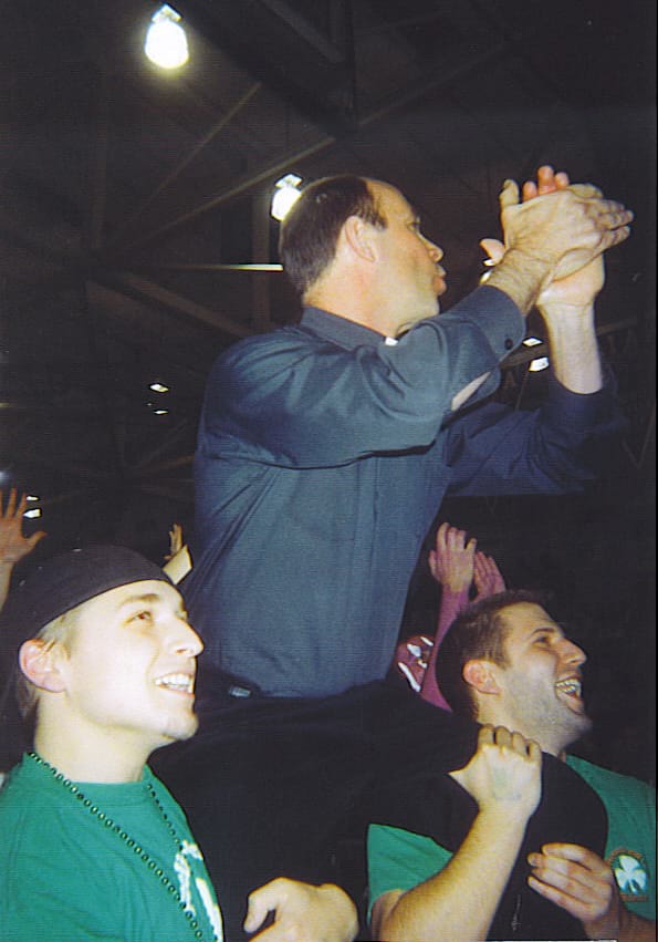 <b>Parade Day 2006</b><br /> The late Rev. Scott Pilarz, S.J., celebrates during the city of Scranton's St. Patrick's Day Parade in 2006.
