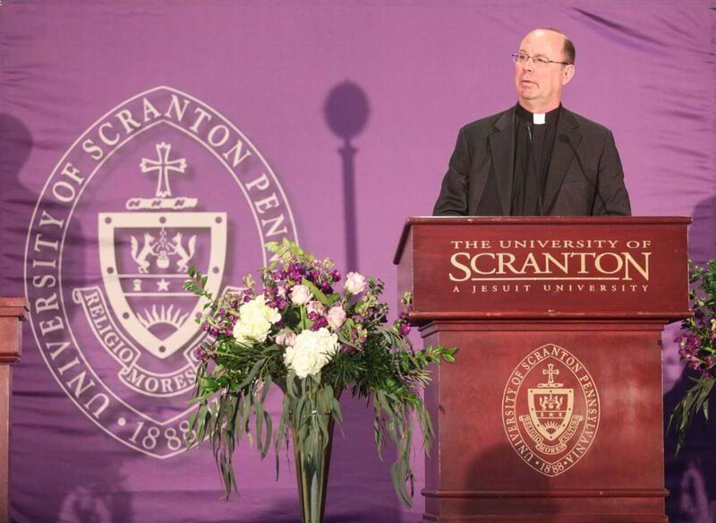 <b>Father Pilarz at podium - best photo </b><br /> Rev. Scott Pilarz, S.J., the late president of The University of Scranton, gives a speech on campus.