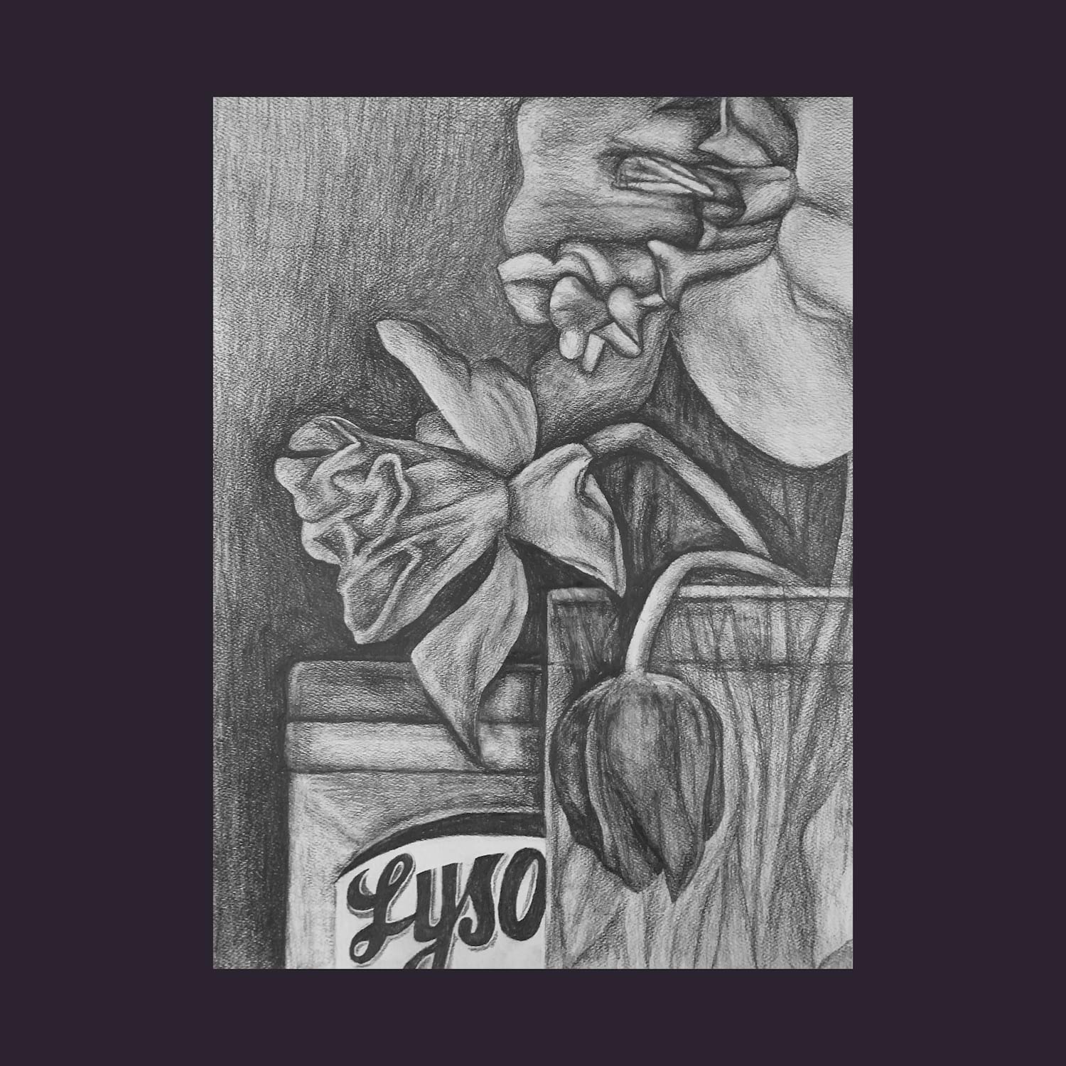  Kayla Jacobson. Lysol Wipes and Spring Bouquet. Pencil. 2020.
