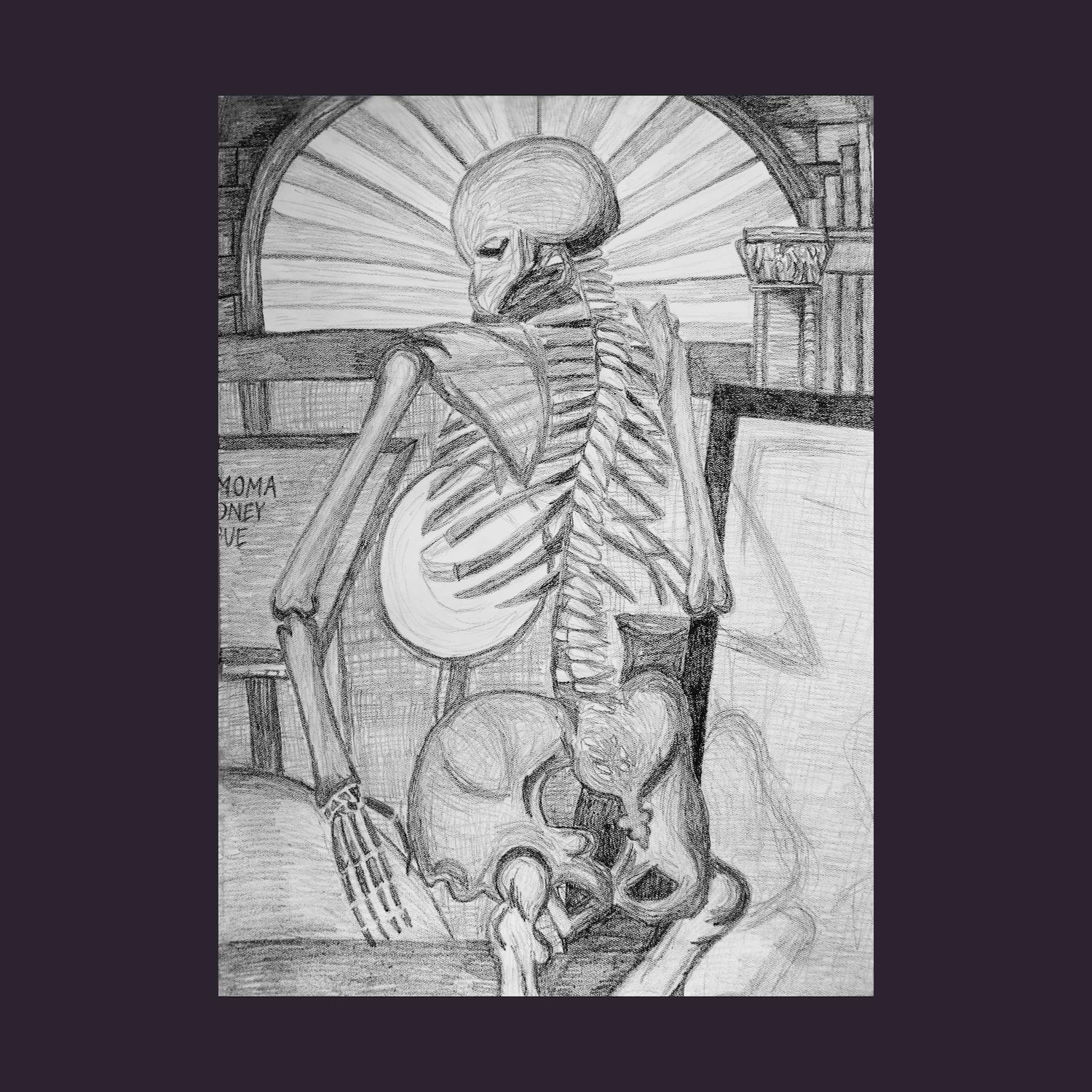  Sarah Mousley. Skeleton and Studio Window. Crayon. 2020.
