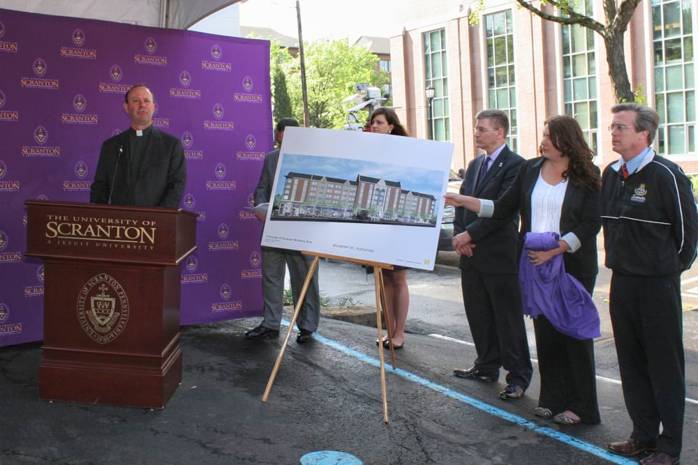 <b>Mulberry Street Corridor ceremony </b><br /> Rev. Scott Pilarz, S.J., the late president of The University of Scranton, speaks during the announcement of new University buildings along the Mulberry Street corridor.