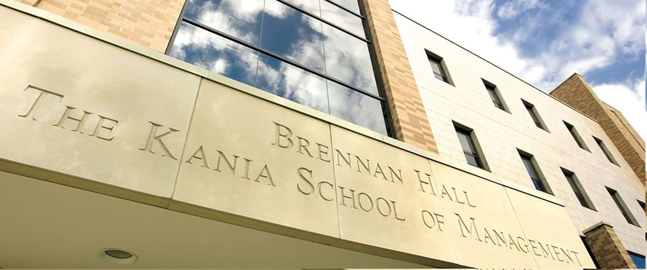  Close up view of The Kania School of Management entrance, also known as Brennan Hall. 
