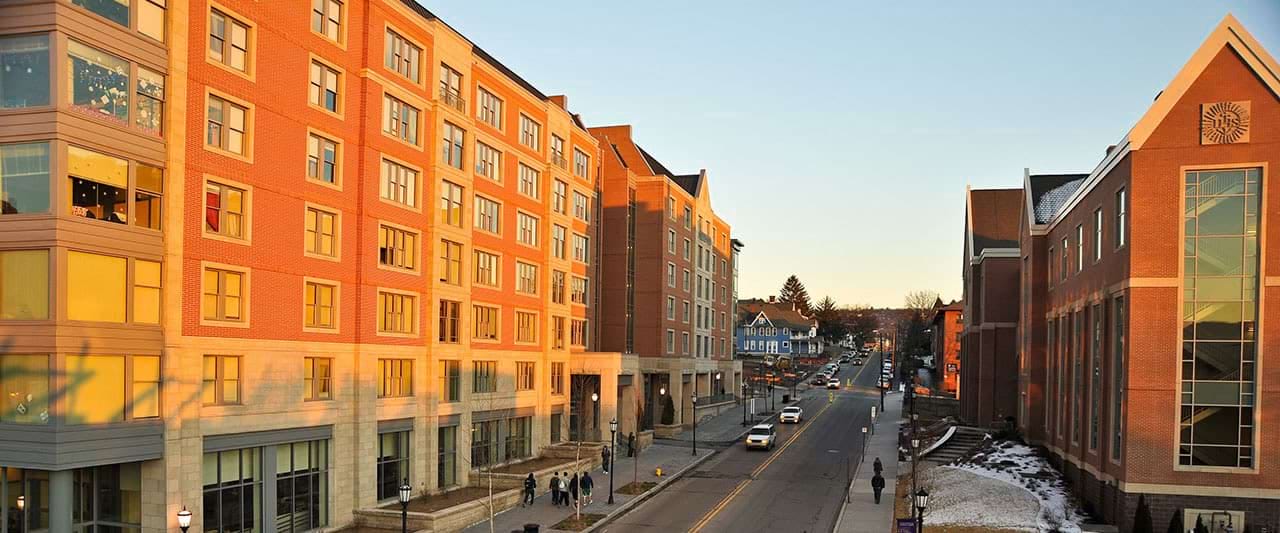  Pilarz hall and Montrone Hall, both the Junior and Senior on-campus housing, during the golden hour. 