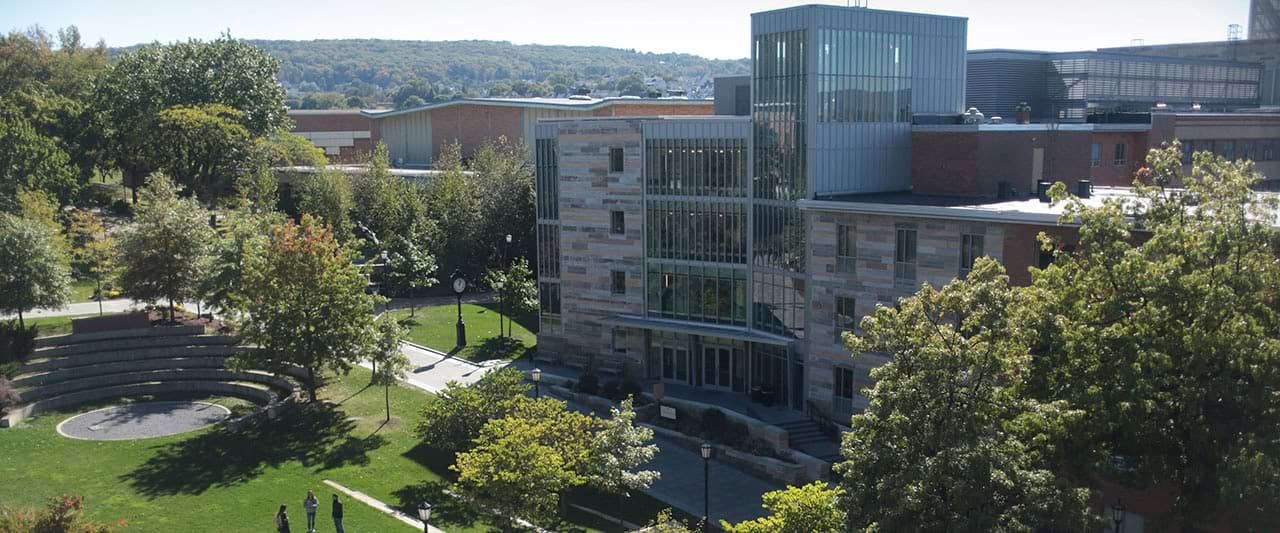  Ariel view of The Dionne Green and Loyola Science Center on a summers day. 