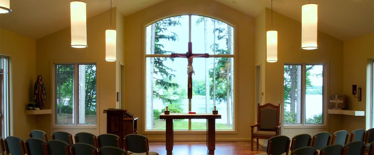  Straight view of inside the empty missionary chapel during the day. 