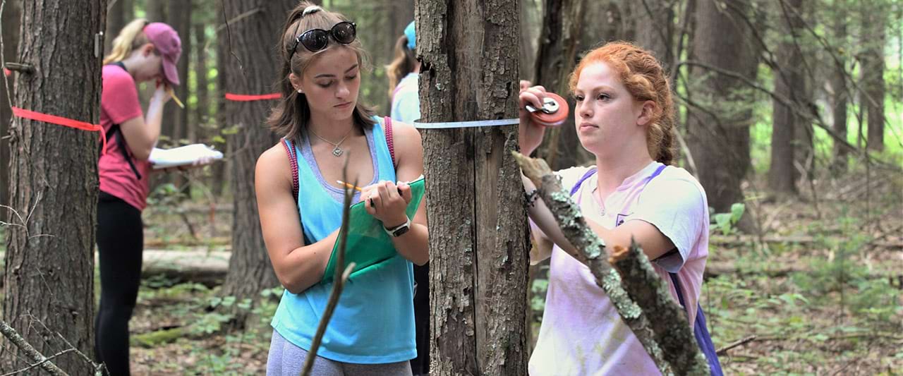  Two female students inspecting a tree and taking notes in the forest for their Magis honors biology class.