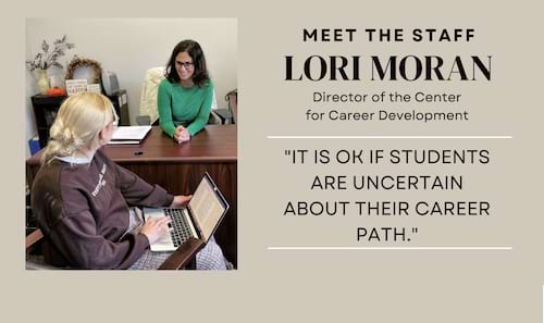 Lori Moran '93, G,'95, Director of the Center for Career Development at The University of Scranton assists student Sinead Girdusky.