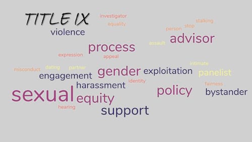 The word cloud depicts several elements of the University Sexual Harassment and Sexual Misconduct (Title IX) Policy.