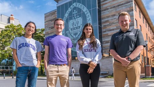 Five University of Scranton students were named 2022 Sanofi US Excellence in STEM Scholars.  From left: James Russo ’23, Michael Quinnan ’23, Olivia Sander ’23 and Nathaniel Smith ’23. 
