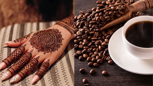 side-by-side images of a hand that features Henna and a steaming cup of coffee next to coffee beans.