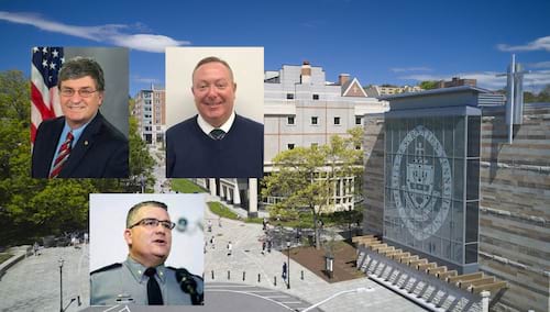 Three headshots of men superimposed over a photo of an aerial view of the Class of 2020 Gateway.