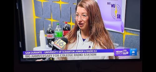 WUSR-FM, 99.5, recently celebrated its 30th anniversary and was featured on WNEP-TV with General Manager Sam Durante '24. Photo courtesy Jim Riley, WUSR GM/CSO