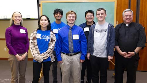 Five area high school students were the finalists in The University of Scranton’s 2023 Math Integration Bee held on campus in April. From left are: Stacey Muir, Ph.D., professor of mathematics at The University of Scranton; and finalists Angela Zeng, Abington Heights High School; Sai Ghatti, Abington Heights High School; Noah Beckish, North Pocono High School; Daniel Martinez, Pocono Mountain West High School; and Andrew Sutton, Central Columbia High School, who won the contest; and Rev. Joseph Marina, S.J., president of The University of Scranton.