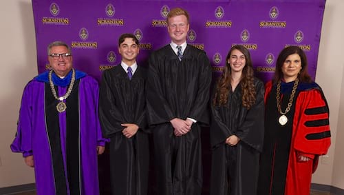 Sixty-two members of The University of Scranton’s undergraduate class of 2023 were recognized for academic excellence, service or both at Class Night on May 19. Students with the highest GPA in each of the University’s three undergraduate colleges were presented Frank J. O’Hara Awards for General Academic Excellence. From left: Rev. Joseph Marina, S.J., president of The University of Scranton; Dominic G. Finan, O’Hara Award recipient for the College of Arts and Sciences; Kevin P. Duffy, O’Hara Award recipient for the Kania School of Management Rosa M. Azzato, O’Hara Award recipient for the Panuska College of Professional Studies; and Michelle Maldonado, Ph.D., provost and senior vice president for academic affairs. Cassandra K. Haw, O’Hara Award recipient for the Panuska College of Professional Studies, was absent from the photo.