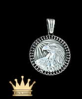 925 sterling silver solid handmade circle eagle pendant with black color and cubic zirconia stone price $185 dollars weight 6.17 grams 1 inches