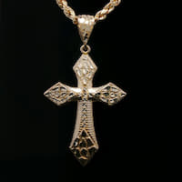 14K Gold Nugget Cross Pendant with 18K Rope Chain