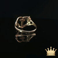 14K Two-Tone Gold Heart Ring with Cross & Floral Accents