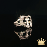 14K Two-Tone Gold Heart Ring with Cross & Floral Accents