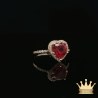 14K Yellow Gold Heart Ring with Red & White Cubic Zirconia Halo