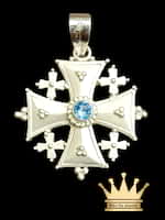 Silver Custom Made Jerusalem Cross Pendant with Aquamarine Stone