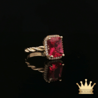 14K Yellow Gold Rope Style Ring with Red Cubic Zirconia Halo