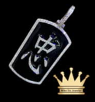 925 sterling silver solid handmade customized dog tags with Japanese loyalty symbol background black and cubic zirconia stone price $650 dollars weight 25 grams size 2 inches