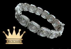925 sterling silver solid handmade bracelet with cubic zirconia stone dipped in white gold    weight 34.4 grams 8.5 inches 15mm