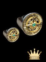 18K Two-Tone Handmade Compass Ring with Natural Green Emerald