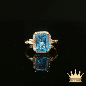 14K Yellow Gold Rope Style Ring with Blue Cubic Zirconia Halo