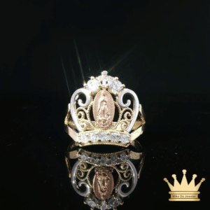 14K Tri-Color Gold Crown Saint Mary Ring with Cubic Zirconia
