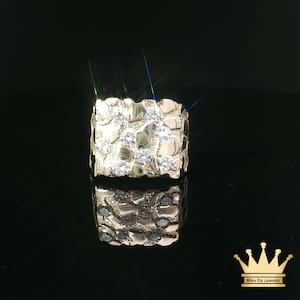 Textured Yellow Gold Diamond Nugget Signet Ring