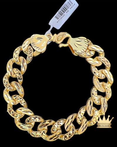 22k yellow gold handmade bracelets with diamond cuts grams 59.62 price $6200 length 8.75 inches wide 14.8mm