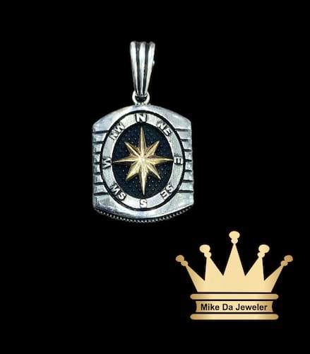 925 sterling silver solid handmade compass pendant with black color on it price $185 dollars weight 7.86 grams 1 inches