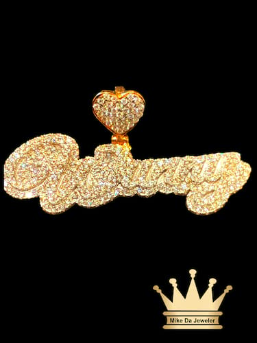 18k Gold Cutout Name Pendant with VVS Diamonds - weight 14.5 grams width 2 inch